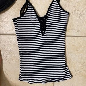 soft black and white striped tank top with plunging lace up neckline